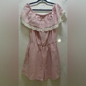 Pink Striped Short Romper with Lace Trim